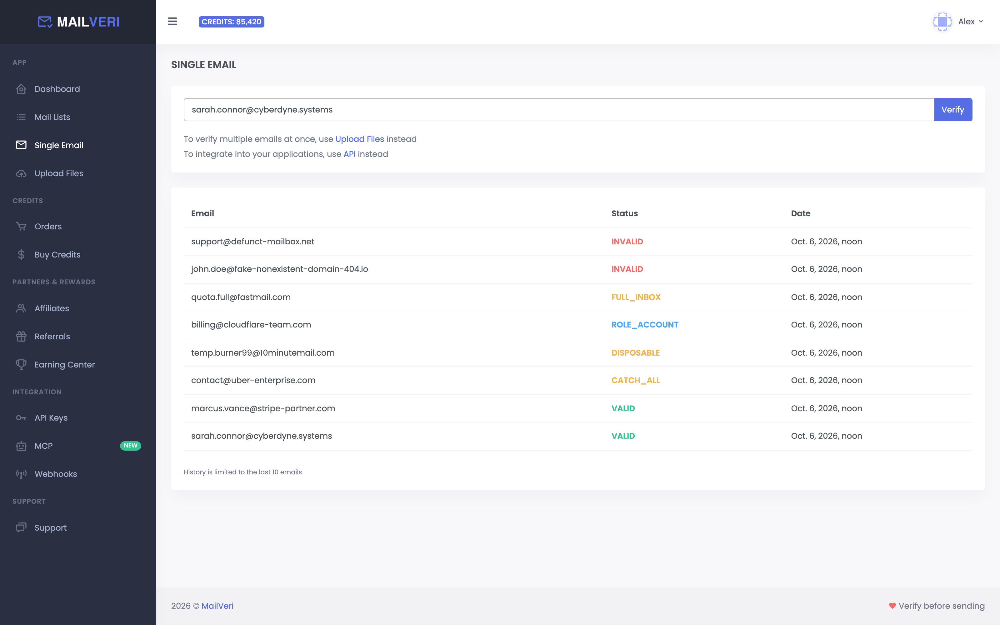 MailVeri Single Email Verifier with granular 8-point deliverability inspection checklist